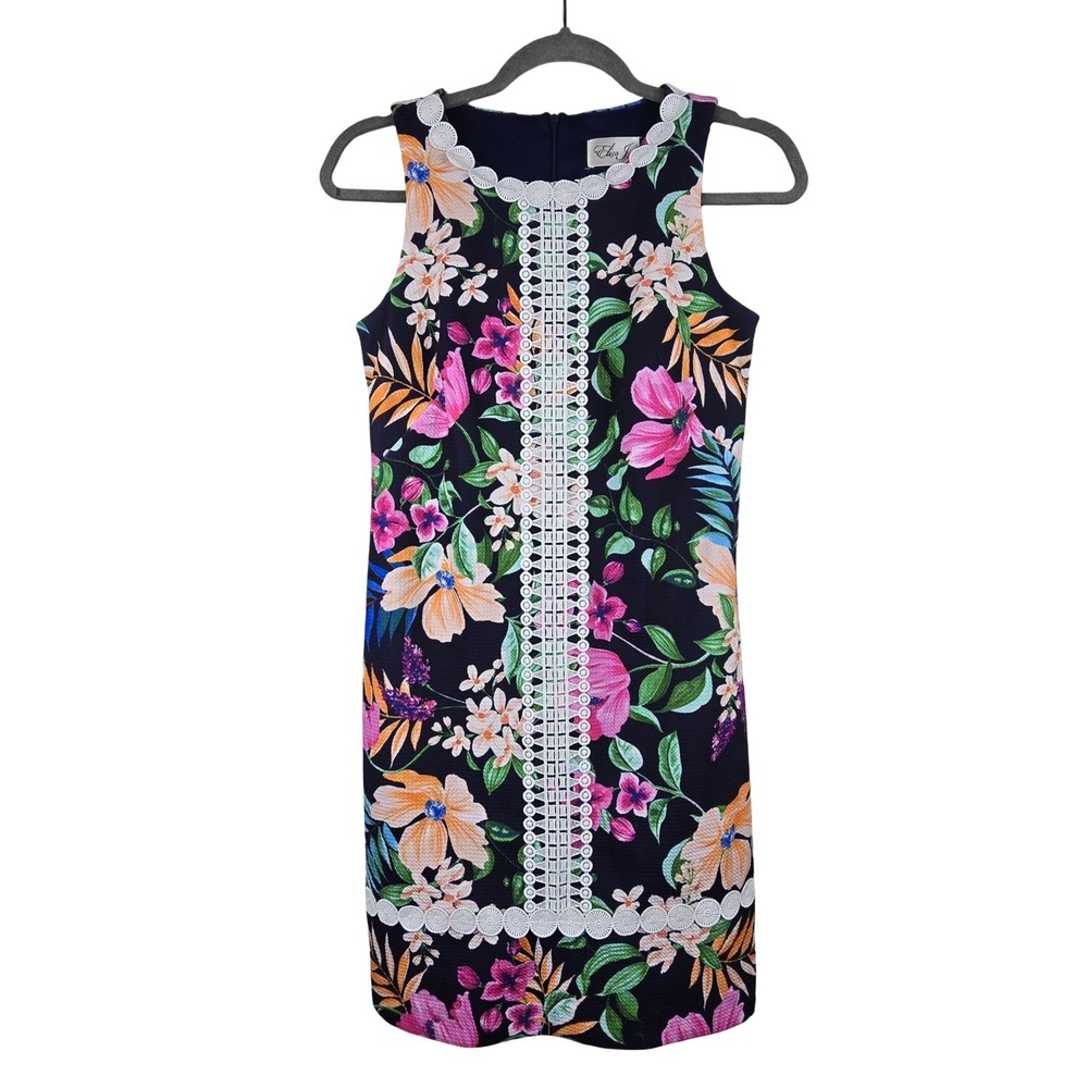 Eliza J Floral Shift Dress Women 2 Navy Blue Tropical Crochet Lace Preppy Brunch